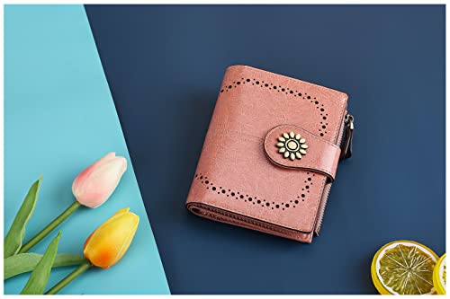 Womens Leather Wallet Small Compact RFID Blocking Credit Card Case Purse with Zipper Pocket | Small - color: Dark Pink