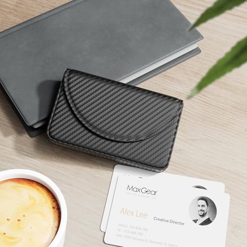 MaxGear Business Card Holder, PU Leather Business Card Case, Black Carbon | Pocket Name Card Holder Wallet for Purse, Portable Business Card Carrier with Magnetic Closure, Slim Stylish Men Women Gift - color: Black Carbon