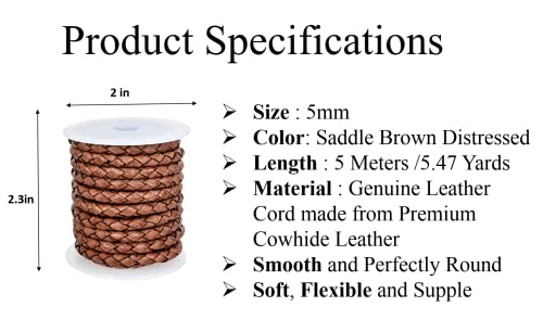 GENIQUE Real/Genuine Round Braided Leather Cord String Rope Folded, Leather Rope for Crafts, Jewelry Making, Necklace, Bracelet (5 Metres) (5mm, Saddle Brown Distressed) - color: Saddle Brown Distressed, size: 5mm