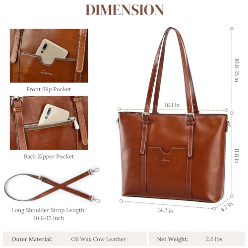 S-ZONE Women Genuine Leather Laptop Tote Bag Shoulder Handbags 15.6 Inch Purse | Soft Genuine Leather, Large Capacity, Fits 15.6-Inch Laptop, Business or Travel, Bottom Metal Feet - color: Dark Brown