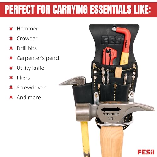 FESA Tool Belt Hammer Holder - Leather Multitool, Pliers & Hammer Holster with Pockets for Drill Bits or Markers - Heavy Duty Small Tool Pouch for Carpenters - Clip On Any Belt - Handcrafted - color: Black