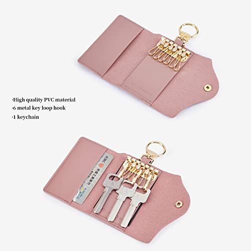 GOLF SUPAGS Women PVC Leather Car Key Chain Card Holder Wallet Pouch 6 Hook Snap Closure keys Money Organizer Case | Card Holder - color: Pink×White, style-2