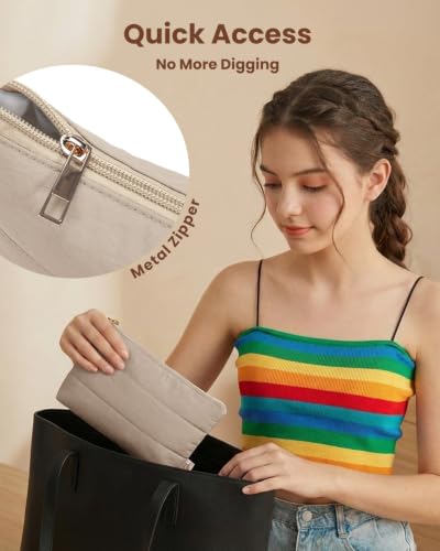 Wandering Nature Small Makeup Bag 2 Pack Cosmetic Bag for Purse, Puffer Quilted Makeup Pouch, Cute Travel Pouch with Zipper for Women, Khaqi - color: Khaqi