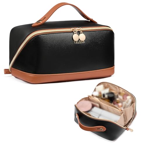 Telena Leather Make Up Bag Portable Travel Makeup Bag Waterproof Cosmetic Bags for Women Large Capacity With Handle and Divider Open Lay Flat | Cosmetic Bags for Women Large Capacity With Handle and Divider Open Lay Flat - color: 0-Black with Brown