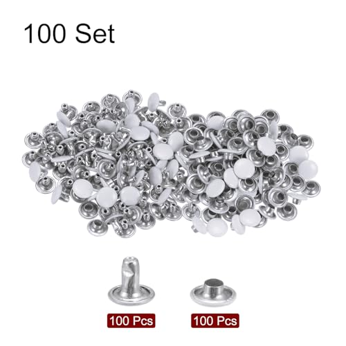 HARFINGTON 100 Sets Leather Rivets 8mm x 6mm Metal Double Cap Rivet Snaps Studs Fasteners with 3pcs Setting Tools Rivets for Leather Craft DIY Repair Decoration, White - color: White, size: 8mm x 6mm