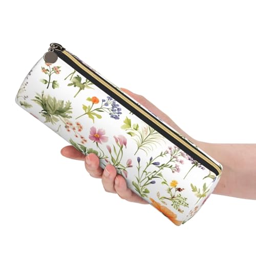 OSAM SPACE Leather Pencil Case Round Pencil Bag Flowers Plant Art Pen Organizer Holder Portable Zipper Pouch Cute School Supplies for Girls Boys Study Office - color: Flowers Plant Art