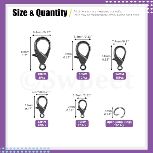Swpeet 170Pcs Gun Black 10mm 12mm 14mm 16mm 18mm Open Jump Rings and 6mm Lobster Clasps Assortment Kit, Perfect Jewelry Findings Kit Fits for DIY Making Bookmark Pinch Bracelet Choker Necklace - color: Gun Black