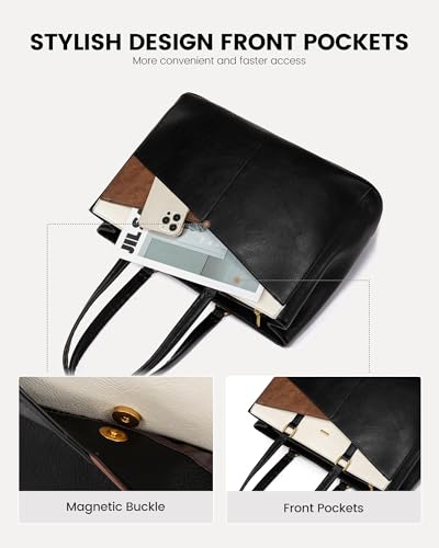 LOVEVOOK Laptop Tote Bag for Women,Leather Work Computer Briefcase Bag - color: Black and White and Brown, size: 15.6 inch