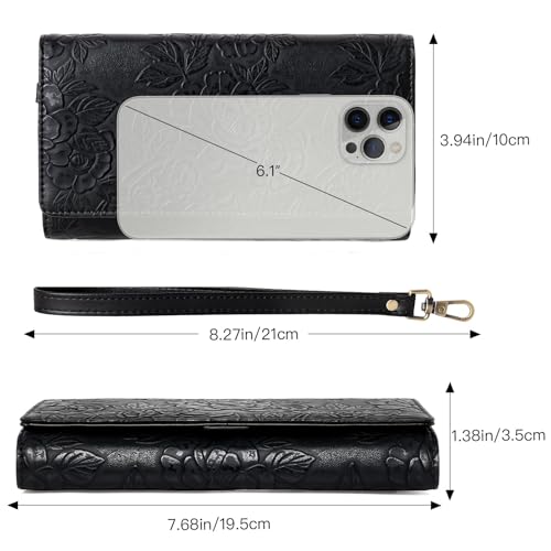 GAEKEAO Wallets for Women Vegan Leather RFID Blocking Card Holder Trifold Ladies Long Purse Wristlet Clutch with 3 ID Windows - color: Black