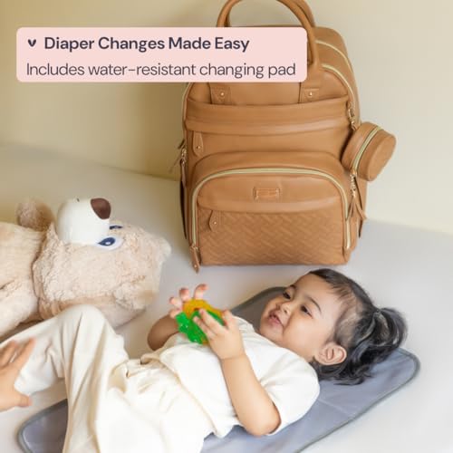 BabbleRoo Leather Diaper Bag Backpack - Baby Essentials Travel Baby Bag, Multi function, Water Resistant, with Changing Pad, Stroller Straps & Pacifier Case – Unisex, Light Brown - color: Vegan Leather Light Brown, size: Large