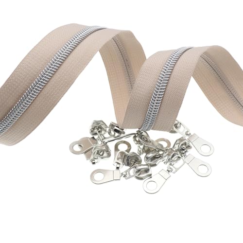 #5 Silver Zipper Bulk 5 Yards Beige Zipper Tape 10pcs Silver Pulls Slider - color: Beige-silver