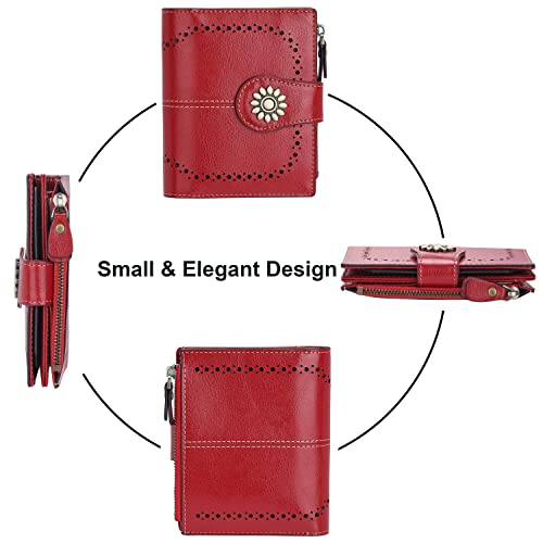 Womens Leather Wallet Small Compact RFID Blocking Credit Card Case Purse with Zipper Pocket | Small - color: Dark Red