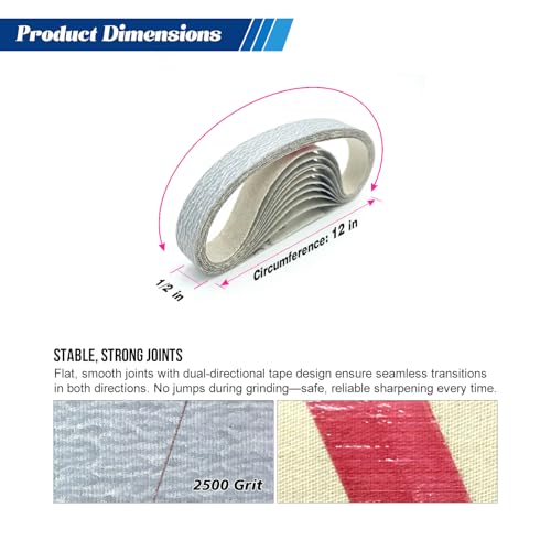 12 Pcs 2500 Grit 1/2" x 12" Replacement Sharpening Belts for Work Sharp Knife & Tool Sharpeners (WSKTS, WSKTS-KT, Mk.1, Mk.2) - size: 1/2x12 inch, style: 2500Grit 12 PCS