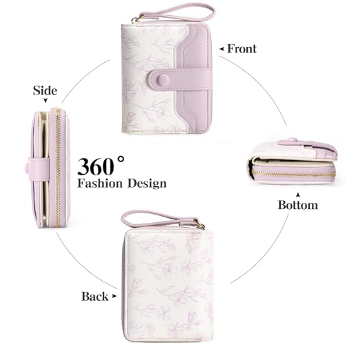 GAEKEAO Small Wallet for Women Leather RFID Blocking Bifold Zipper Pocket Credit Card Holder Purse Wallets with ID Window - color: Purple & White