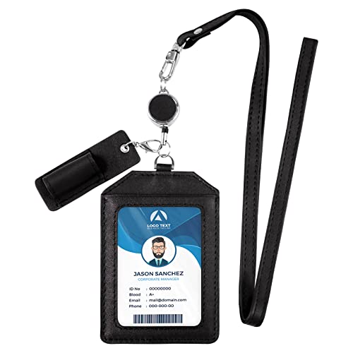 Office Badge Holder - Boshiho Genuine Leather Credit ID Card Holder with Stretch Neck Lanyard Vertical Style (Black) - color: Black