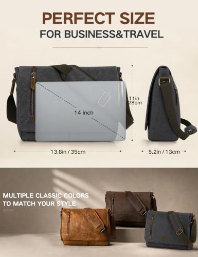 VX VONXURY Messenger Bag for Men, Canvas Laptop Briefcase Bag for Work | Shoulder Bag for Office, Fits 14" Laptop, Vintage Satchel Bag with Padded Shoulder Strap, Padded Laptop Sleeve, Waterproof - color: Grey-14 Inch