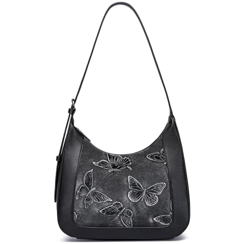 BELTANA Shoulder Bag for Women, Small Vegan Leather Butterfly Hobo Purse | Crescent Shoulder Purse, Top Handle Design, Lightweight, Underarm Style, Daily Travel & Shopping, Gift Choice - color: Black-silver