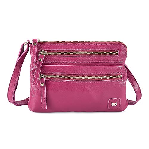Small Leather Crossbody Bag for Women Adjustable Sling Purse Multi Pocket | Genuine Top Grain Leather, 4 Zip Pockets, Cross Over for Travel, Gift for Women, Phone Pocket - color: Fuchsia Pink Nappa