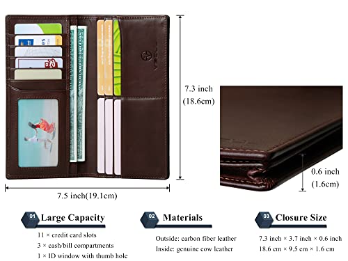 VISOUL Leather Checkbook Cover Wallet for Men with RFID Blocking, Mens Long Bifold Cash Tall Wallet with 11 Credit Card Slots 1 ID Window (Coffee) - color: Coffee