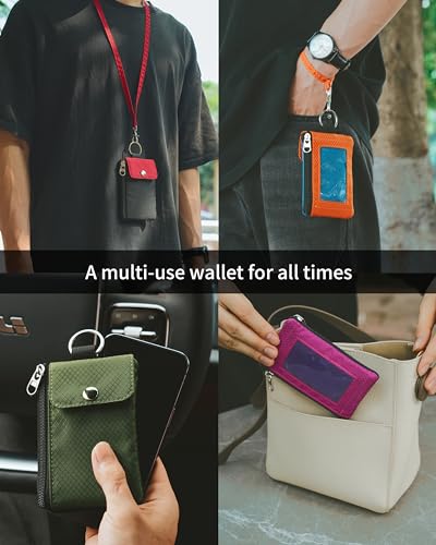 Artpaxy Minimalist Wallet For Mens Womens, Keychain RFID Blocking Zipper Small Wallet with ID Window 2 Lanyards,Water Resistant Travel Cash Card Coin Case Boys Girls - color: Dark purple+Dark pink