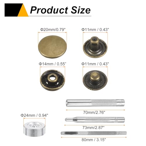 HARFINGTON 24Set Leather Snaps Fasteners Kit 20mm Dia Brass Press-Stud Cap Button 2.76" Length Metal Snap Buttons with 4 Install Tools for Coat Bag Leather Marine Boat Canvas, Bronze - color: Bronze, size: 20mm