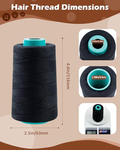 FIVEIZERO 900yd Black Sew in Hair Extension Thread and 30pcs T/C/J/I Needle | 1Roll Hair Thread;4-ply polyester weaving thread;Hair Weave Threads for Hair Extensions,Hand Sewing & Making Wigs DIY - color: 900yd-black