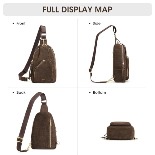 Kattee Sling Bag for Women, Genuine Suede Leather Crossbody Bags | Top grain pebbled cowhide leather fanny pack crossbody purse. Small chest bag with RFID blocking for travel. - color: Suede Chocolate