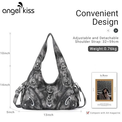 Angelkiss Hobo Purses and handbags for Women Satchel Handbag Women Purses Large Daily Shoulder Bags - color: Black/Grey-g