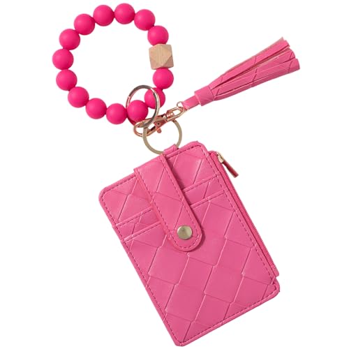 Snycler Solid color Beaded Wallet Wristlet Card Holder- Zip Card Wallet & Keychain with Tassel Accessory Gift - color: Magenta