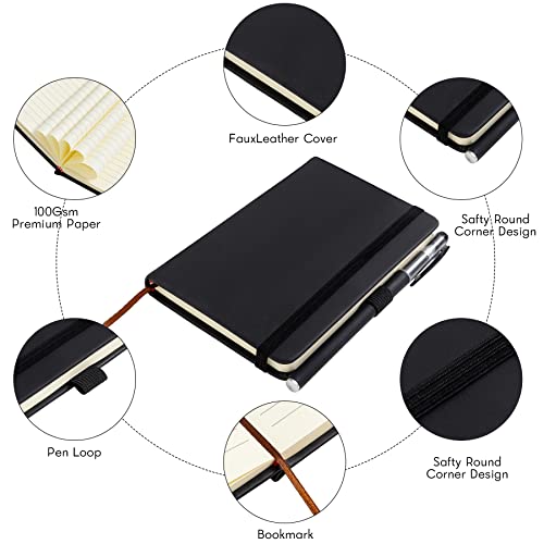 2Pack Pocket Notebook Small Notebook Journal Notebook 4 inches x 5.7 inches 200 Pages Leather Cover With Pen Holder Page Marker Ribbons(Black) - color: Black