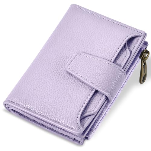 Small Wallet Women RFID Blocking Soft Leather Bifold Compact Card Holder Wallet for Women with Zipper Coin Pocket 4 ID Window - color: Light Purple