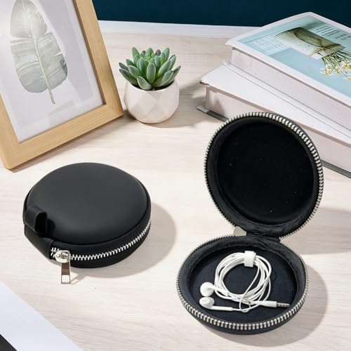 2PCS Round PU Leather Hard Shell Earbud Case Portable Headphone Ear Buds Bag Mini Earphone Holder Wireless Headset Carrying Pouch Cell Phone Organizer for Smartphone Earpieces