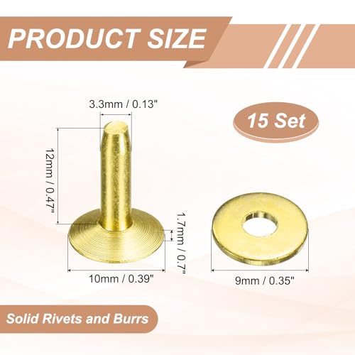 HARFINGTON 15Set Brass Rivets and Burrs Washers 10x3.3x12mm Dimpled Finish Solid Leather Rivet Fastener Studs Posts for Leather DIY Craft Belts Wallets Collars, Gold Yellow - color: Gold Yellow, size: 10x3.3x12mm