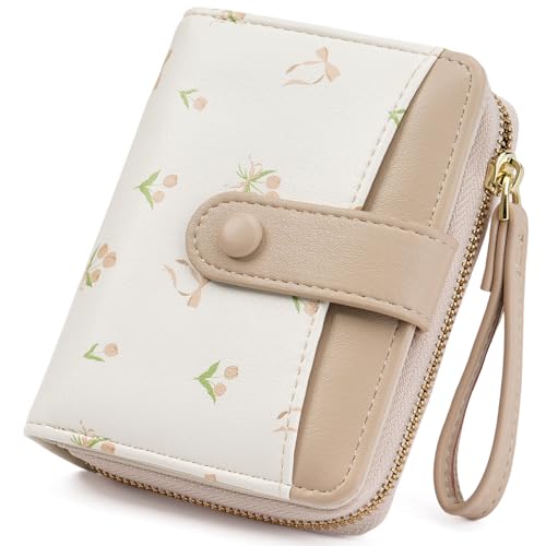 GAEKEAO Small Wallet for Women Vegan Leather Bifold Card Holder RFID Blocking Ladies Purse Floral Pattern with Zipper Pocket - color: Y06-Apricot