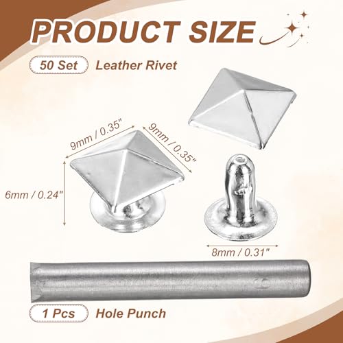 HARFINGTON 50pcs Pyramid Rapid Rivet 9mm Leather Rivets Rapid Punk Spikes Leathercraft Decoration with Hole Punch for Rock Nailheads Clothing Belts Bags Shoes, Silver - color: Silver, size: 9mm