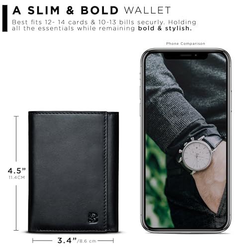 SERMAN BRANDS Trifold Wallet for Men - RFID Blocking Genuine Leather, 11 Card Slots & ID Window, Slim Everyday Carry, Durable Stitching, Gift for Him - color: Charcoal Black Denver