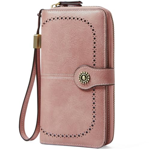 TFKGS Wallet for Women RFID Blocking Leather Large Capacity Card Holder Ladies Phone Clutch Travel Long Purse Wristlet | RFID Blocking - color: 1-Pink