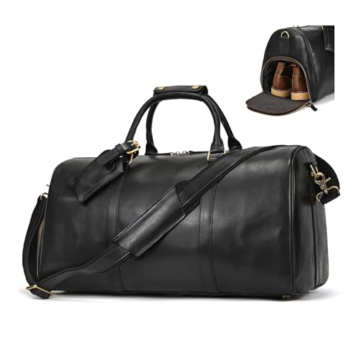 Genuine Leather Travel Bag for Men Large Capacity Luggage Duffel Bag with Shoe Compartment, Shoulder Handbag for Holiday Business Trip Outdoor - color: 52cm-Black