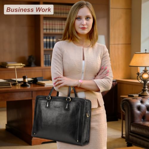 Banuce Italian Full Grain Leather Briefcase for Women Fits 15.6" Laptop - color: Black