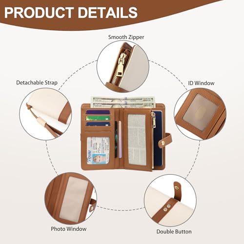 Small Wallet Women RFID Blocking Vegan Leather Slim Thin Bifold Credit Card Wallet Passport Holder Ladies Travel Wallet Mini Purse with Zipper Pocket - color: Beige Brown