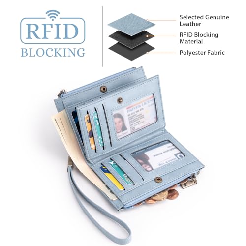 XINNSTAR Small Wallet for Women Leather RFID Blocking Trifold Compact Card Holder Wallets with Dual Zipper Coin Pocket - color: Ee-Blue