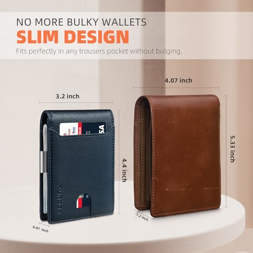 RUNBOX Slim Wallet for Men - RFID Blocking Leather Bifold with Money Clip | Minimalist Front Pocket Wallet Holds 11 Cards,Slim Thin Design,RFID Blocking Protection, Practical Birthday Gifts for Men - color: Natural texture-Tibetan Blue