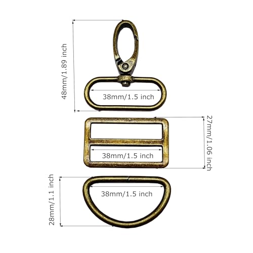 1-1/2 inch Swivel Snap Hooks with D Rings Tri-Glide Silde Buckle 5 Sets | Handbag Backpack Dog Collar Pet Leashes Kyechain Lanyard Strap Craft Making Metal Slider Buckles 5 Sets Goyunwell - color: Antique Bronze, size: 1-1/2 inch