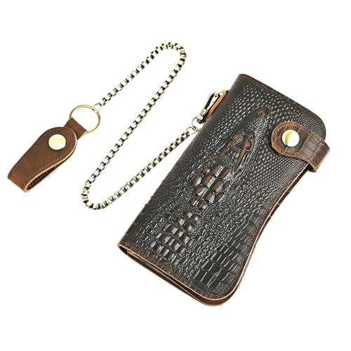 Genuine Crazy Horse Leather Travel Gift Coin Pocket Card Case Long Organizer Chain Rfid Wallet Purse With Snap For Men Male 1088 (1088 Dark Brown-Crocodile) - color: 1088 Dark Brown-Crocodile
