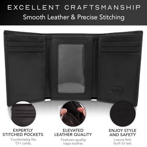 Stealth Mode Trifold RFID Blocking Leather Wallet for Men (Black) | Top Grain Napa Leather, 9 Card Slots, ID Window, Gift Box – Gift for Dad, Husband, or Son - color: Black