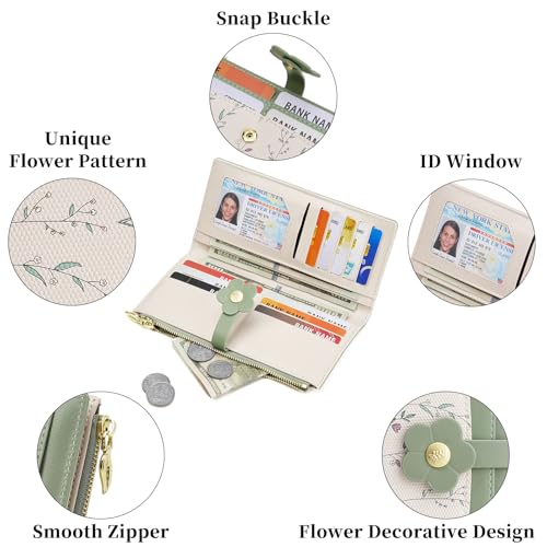 GAEKEAO Womens Wallet Slim Thin RFID Blocking Bifold Floral Vegan Leather Card Holder Large Capacity Wallet with Zipper Pocket - color: Y-Green