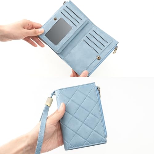 XINNSTAR Small Wallet for Women Leather RFID Blocking Trifold Compact Card Holder Wallets with Dual Zipper Coin Pocket - color: Ee-Blue