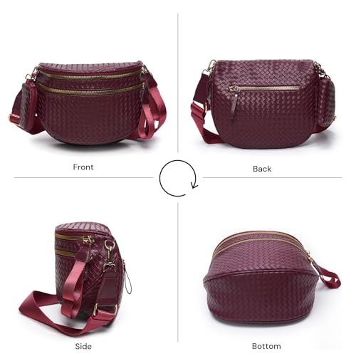 Woven Vegan Leather Bum Bag for Women, Crossbody Fanny Pack with Coin Purse | Removable 2-inch-wide strap adjusts to a 14–24.5-inch drop; dual zip compartments, reinforced hardware, 1.1-lb design - color: Burgundy