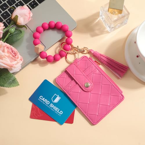Snycler Solid color Beaded Wallet Wristlet Card Holder- Zip Card Wallet & Keychain with Tassel Accessory Gift - color: Magenta