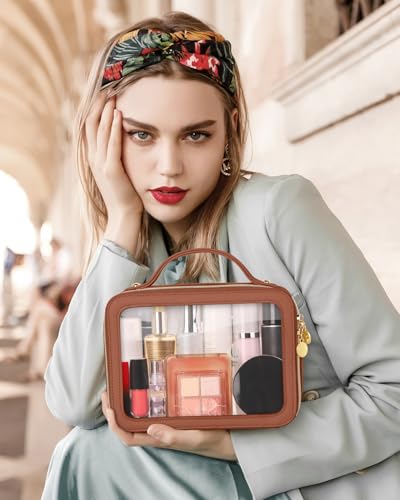 Soimeat Clear Makeup Bag, Portable Travel Cosmetic Bags, Multipurpose Leather Toiletry Bag with Zipper, Waterproof Transparent Cosmetic Organizer for Women, Medium, Brown - color: Brown, size: Medium